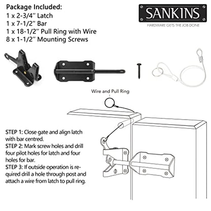 Heavy Duty Automatic Gate Latch for Wooden Fence with Cable Pull, 7-1/2" Self-Locking Gravity Lever Door Security Latches Hardware for Metal Gates, Vinyl Fence, Outdoor Garden, Pool, Black