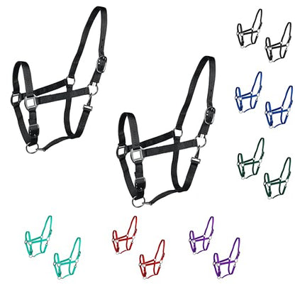 Majestic Ally Pack of 2 Adjustable Halter for Horses–Adjustable Chin and Crown– Sewn-in Throat Snap Hook- Heavy Duty Rose Gold or Black Nickel Finish Hardware–Full - color: Black-Rose Gold