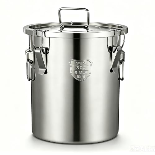 2.4Gal 304 Stainless Steel Flour Canister, Kitchen Airtight Metal Canisters with Lids, 7-12lbs Metal Airtight Canisters Milk Jug Coffee Bean Cookies Canisters w/Locking Clamp 9L - size: Standard 9L/2.4gal
