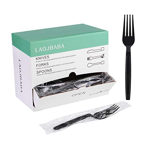Plastic Fork Disposable Individually Packaged Forks Black 7-Inch Commercial Take Away Forks,Super Hard Mass Heavy Individually Wrapped Fork 100 PCS - size: Forks