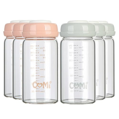 COMI Wide Neck Glass Breastmilk Collection n Storage Bottle, 6 Packs, 8oz with Screw Ring Sealing Disk; Re-markable Sealing Disc. BPA Free, Fits Breast Pumps & Nipples (3 Gray Lids + 3 Pink Lids) - style: 240ml 3PINK+3GRAY