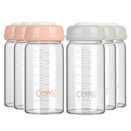 COMI Wide Neck Glass Breastmilk Collection n Storage Bottle, 6 Packs, 8oz with Screw Ring Sealing Disk; Re-markable Sealing Disc. BPA Free, Fits Breast Pumps & Nipples (3 Gray Lids + 3 Pink Lids) - style: 240ml 3PINK+3GRAY