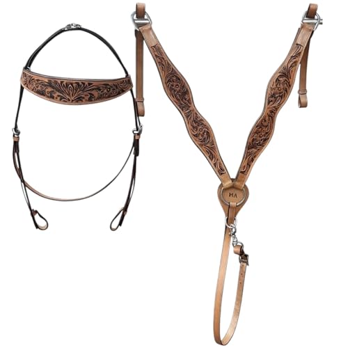 Majestic Ally Tooled Leather Western Headstall & Breast Collar Set – Handcrafted Leather, Classic Western Tack, Multiple Styles & Designs - style: 0986-NAT