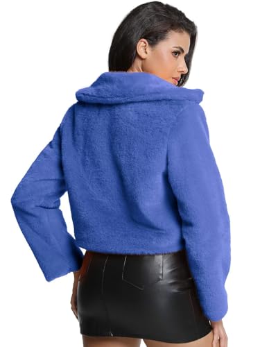 Women's Cropped Faux Fur Jacket with Hidden Pockets and Buttons Plush Shawl Collar Cardigan Sexy Coat - color: Blue, size: X-Large
