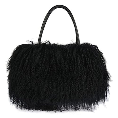 Women Luxury Real Curly Mongolian Lamb Fur Purse - color: Black