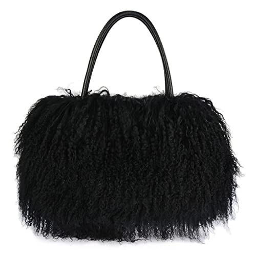 Women Luxury Real Curly Mongolian Lamb Fur Purse - color: Black