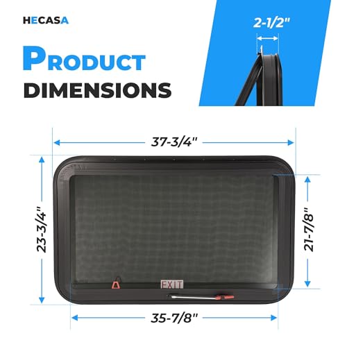 HECASA 36" W x 22" H RV Exit Emergency Window W/Trim Ring, Mesh Screen - size: 36" W x 22" H