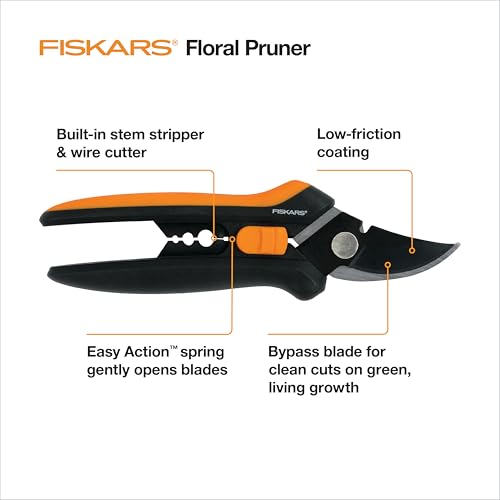 Fiskars Floral Bypass Pruning Shears, Garden Clippers for Deadheading | 1/2" Cut Capacity, Ideal for Cutting Flowers, Low-Friction Coated Steel Blades, Stem Stripper and Wire Cutter - style: Floral Pruner