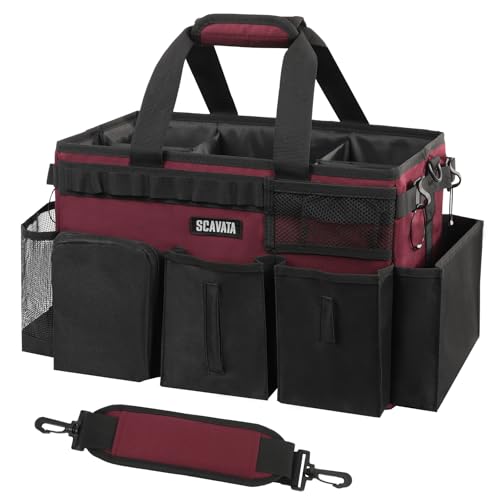 SCAVATA Wearable Cleaning Caddy Bag, Cleaning Caddy Supplies Organizer with Handle & Shoulder Straps for Housekeepers, Under Sink & Car Cleaning Tool Organizers with 4 Foldable Divider (Magenta) - color: Magenta