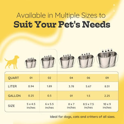 2 Quart Stainless Steel Flat Sided Bucket with Dual Hooks | 2 Pcs Durable Food & Water Bowl for Dog Cats Bird & Small Animals | Fits kennel Cage Crates Hanging Pet Pail | Multipurpose use - size: 2 Quart (Pack of 2)