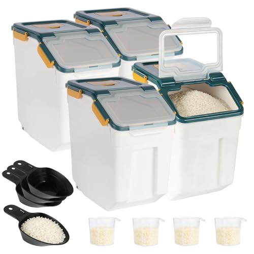 4 Pack Rice Container 25 lbs Large Bulk Flour Sugar Storage Holdhouse Plastic Grain Cereal Dry Goods Bin with Spoon and Measuring Cup for Kitchen Pantry Organization - Blue - color: Blue, 4 Pack
