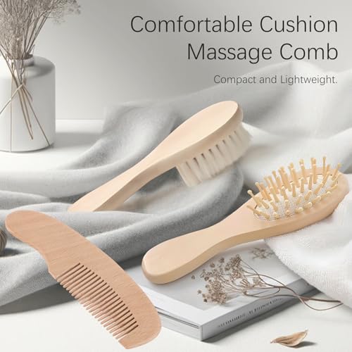 Baby Bath Grooming Kit Natural Wooden Hairbrush with Gentle Goat Bristles, Pear Wood Comb, and Soothing Massage Brush for Babies, Toddlers, and Kids