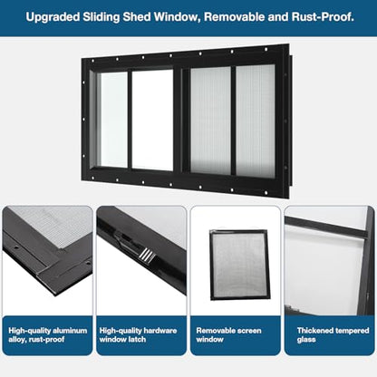 Yuzzy Shed Windows 2 Pack, 10"x23" Sliding Windows Transom Window with Tempered Glass and Removable Fiberglass Screen for Shed, Chicken Coop, Playhouse, Household, Garage, Barns (Black) - color: Black, size: 10"x23"