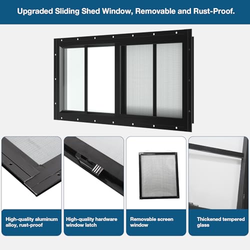 Yuzzy Shed Windows 2 Pack, 10"x23" Sliding Windows Transom Window with Tempered Glass and Removable Fiberglass Screen for Shed, Chicken Coop, Playhouse, Household, Garage, Barns (Black) - color: Black, size: 10"x23"