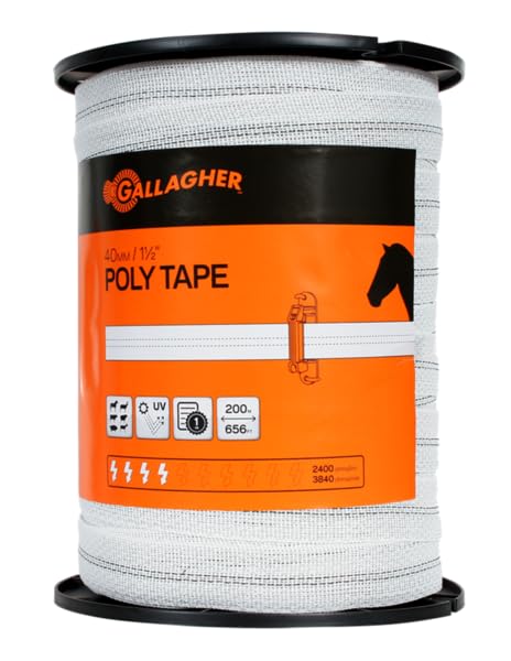 Gallagher 1.5" x 656' White Poly Tape | High Visibility Electric Fence Polytape for Horses, Livestock, Gardens, and Electric Perimeter Fencing