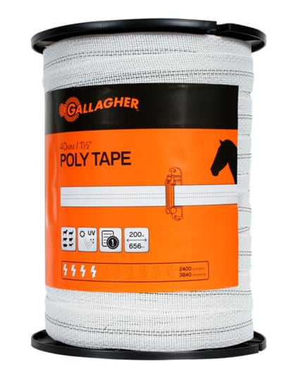 Gallagher 1.5" x 656' White Poly Tape | High Visibility Electric Fence Polytape for Horses, Livestock, Gardens, and Electric Perimeter Fencing