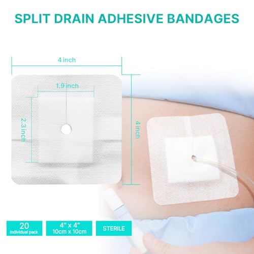 Split Drain Adhesive Bandages 4" x 4" Pre-Cut for Feeding Tubes, Dialysis Catheters & Drains - Soft Non-Stick Pad - Individually Wrapped 20 Pack Wound Dressing Pads