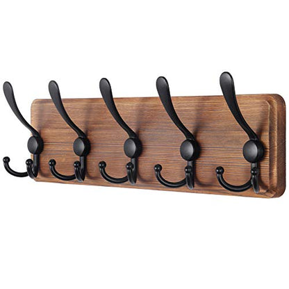 SKOLOO Rustic Coat Rack Wall Mount, 16" Stud Spacing, Solid Wood, Brown - color: Brown Plate & Black Hook, size: 1 Item-5 Hooks