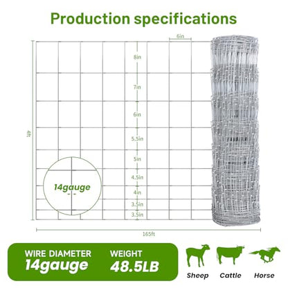Cattle Panel 4ft x 165ft 14 Gauge Heavy Duty Galvanized Woven Wire Fence - size: 14ga 4x165ft