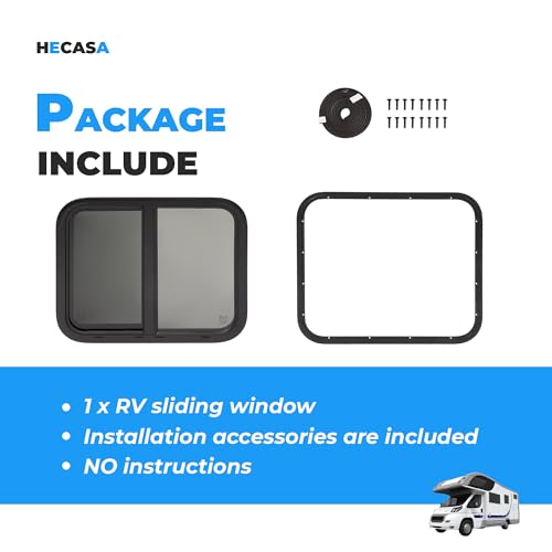 HECASA 1PC 24" W X 20" H RV Window Teardrop Horizontal Sliding RV Window | Replacement W/Net Screen & Trim Ring For Cargo Travel Trailer, Camper, Cargo Van - size: 24" W x 20" H