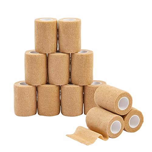 Juvale Self-Adherent Cohesive Wrap - Breathable Support Athletic Tape - Snug Fit for Tattoo Equipment - Swelling & Strain Aid Sports Tape - 3 in x 5 yd, Pack of 12, Tan - size: 3" x 5 Yards