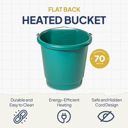 Farm Innovators 3 Gallon Flat Back Plastic Heated Bucket with Metal Handle, Built in Thermostat, and Hidden Cord Compartment, Green, 70 Watt (2 Pack) - size: 2 Pack