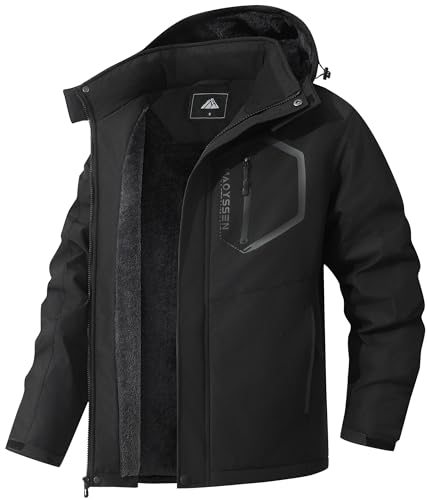 Men's Mountain Ski Jacket Winter Snow Coats Waterproof Warm Fleece Lining Jacket Parka with Hooded - color: Black, size: Small