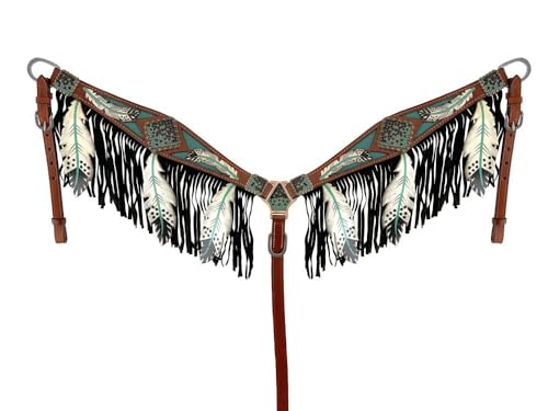 Showman Leather Headstall & Breast Collar Set w/Teal Cut-Out Feather Design Average Full Size Horse