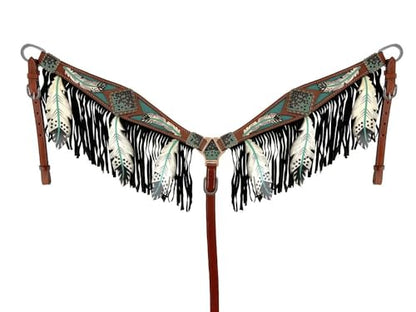 Showman Leather Headstall & Breast Collar Set w/Teal Cut-Out Feather Design Average Full Size Horse