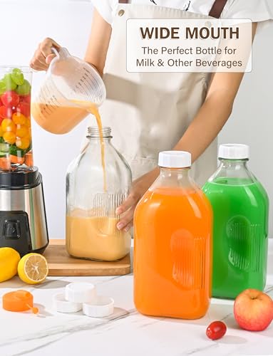 KMIGRUAN 64oz Glass Milk Bottle with Lid, 2Pack Heavy Duty Glass Water Jugs | 2Qt Storage Bottles with Scale Marks, 2 Pour Spouts & Airtight Lids for Milk, Juice, Water, Refrigerator Storage & Daily Use - style: 2Pack