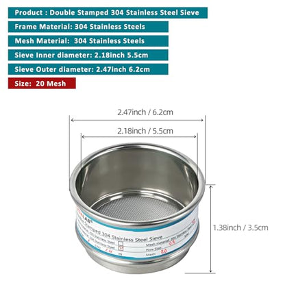 Full 304 Stainless Steel Mesh Sieve Screen, LVDALAB 20 Mesh (0.9mm) Aperture, 2.4inch(6CM) Dia Standard Sample Analysis Test Sieves Sifters Strainer for Industrial Laboratory Homes - size: 20 Mesh(0.9mm)/Ф2.4in(6CM)