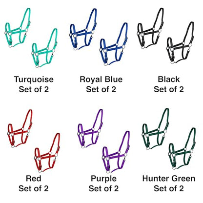 Majestic Ally Pack of 2 Adjustable Halter for Horses–Adjustable Chin and Crown– Sewn-in Throat Snap Hook- Heavy Duty Rose Gold or Black Nickel Finish Hardware–Full - color: Red