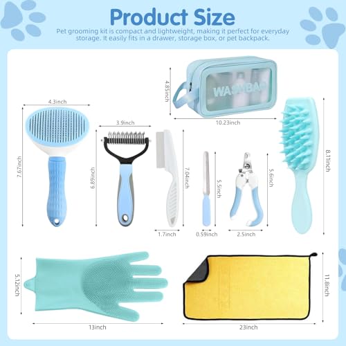 Aglads 8PCS Cat Rabbit Bunny Dog Grooming Kit,Self-Cleaning Brush,Nail Clipper,Grooming Glove,Massage Brush,Flea Comb,Towel&Travel Bag,Complete Grooming Tools for Long&Short Haired Pets(8, blue) - color: BLue