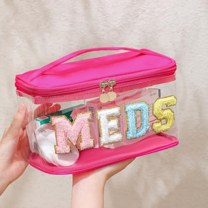 uekeboag Chenille Letter MEDS Clear Medicine Makeup Bag(01Hot Pink) | Personalized Transparent Large Waterproof Nylon Cosmetic Toiletry bag with Top Handle, Meds First Aid Travel Organizer - color: 01Hot Pink