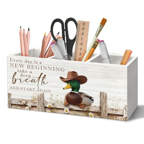 Inspirational Western Cowboy Mallard Duck Pen Holder Organizer for Desk Accessories, Farmhouse Daisy Floral Mallard Duck Wooden Box Sign Desk Decorations for Home Office Decor - color: Duck, size: 2.5"D x 7.8"W x 3.5"H