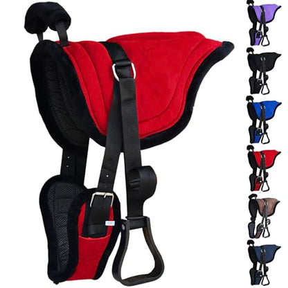 Majestic Ally Padded Suede Leather Bareback Pad Horse Riding Pad with Non Slip Breathable Girth & Stirrups - color: Red