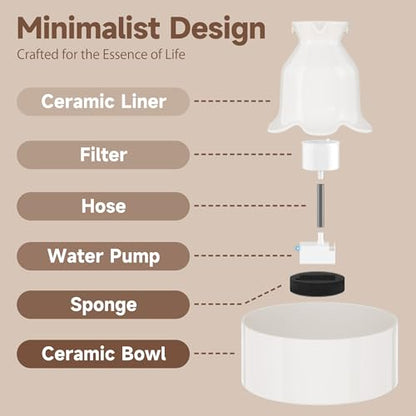 PETIMI Ceramic Cat Water Fountain, 3L/101 fl oz Ultra-Quiet Pet Water Fountain, Automatic Water Dispenser for Cats & Small Dogs, No Spill Cat Water Bowl, BPA-Free, 2 Filters Included, Easy to Clean