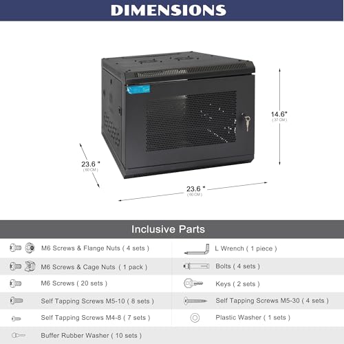 6U Wall Mount Server Cabinet with A Lockable Front Vented Door, Cooling Fans, Removable Side Panels - 60cm Depth, 19" Network Rack Including Full-Size Rack Shelf for IT Equipment - size: 6U/600mm Depth