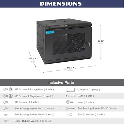 6U Wall Mount Server Cabinet with A Lockable Front Vented Door, Cooling Fans, Removable Side Panels - 60cm Depth, 19" Network Rack Including Full-Size Rack Shelf for IT Equipment - size: 6U/600mm Depth