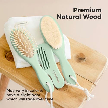 KeaBabies Wooden Baby Hair Brush Set for Newborns, Toddlers - Soft Goat Bristle Baby Brush and Comb Set Newborn Grooming Kit for Cradle Cap Care, Durable & Gentle, Boy, Girl Infant Essentials