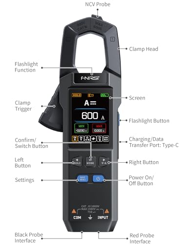 FNIRSI DMC-100 Clamp Meter 9999 Counts TRMS, 600A AC/DC Amp Meter