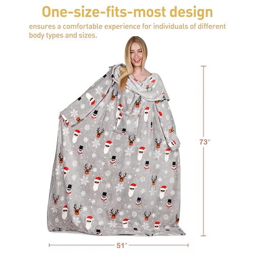 Catalonia Wearable Blanket with Sleeves for Women & Men, Fleece Wrap Throw - color: Santa and Deer Grey