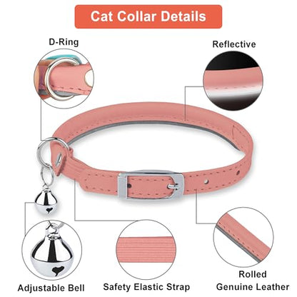 OOPSDOGGY Rolled Leather Cat Collar with Bell, Reflective Kitten Collars with Buckle Include Safety Elastic Strap - Adjustable Small Pet Collars for Boy Girl Cats (Peach) - color: Peach