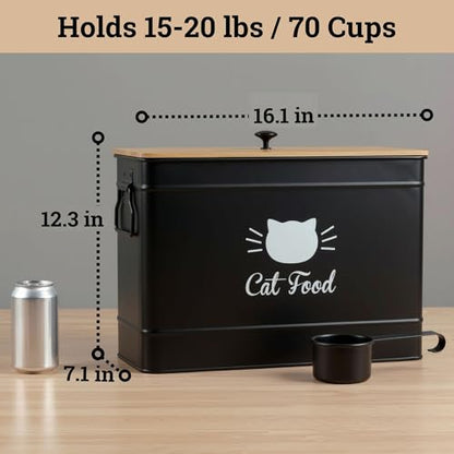 Metal Cat Food Container with Scoop, 15lb (50 Cup) w/ Airtight Bamboo Lid - color: Black