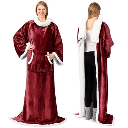 PAVILIA Sherpa Wearable Blanket with Sleeves and Pocket, Plush Thick Cozy Body Blanket Wrap for Adult Women Men, Christmas Gift for Wife Mom, Burgundy Red - color: Wine