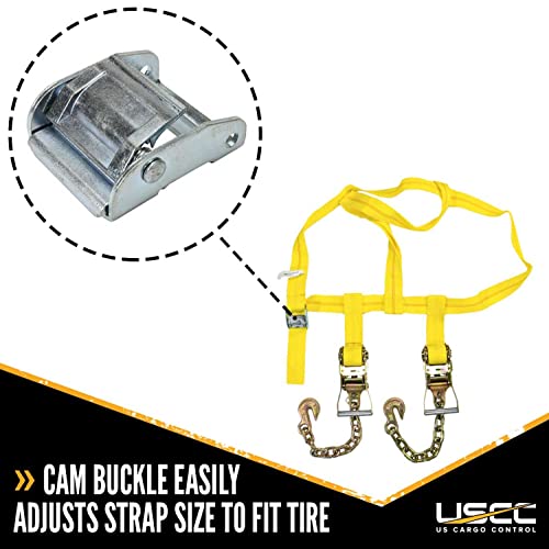 US Cargo Control Side Mount Wheel Net with Cam Buckle,Two Ratchets and Chain Extensions, Easy to Use Wheel Strap for Vehicle Tie Down Applications, Durable Polyester Webbing, 2 Pack