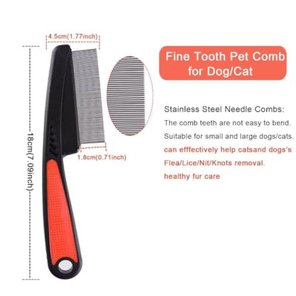2 Pieces Fine Tooth and Wide Tooth Dog Grooming Comb - Rubber Handle Hair Comb for Small Dogs & Cats with Flea and Tick Removal (2PCS, Black Red)