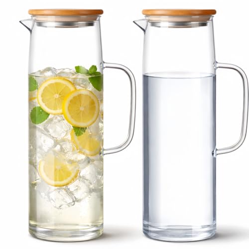Hsei 2 Sets Glass Pitcher with Lid, 50 oz / 1500 ml Water Carafe with Handles Hot Cold Beverage Water Jar Glass Jug for Tea Juice Milk Coffee Iced Beverage - color: Bamboo Lid, size: 1.5l