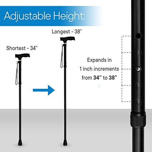 RMS Folding Cane, Adjustable, Lightweight Offset Walking Cane | Aluminum Collapsible Walking Stick with Ergonomic Derby Handle, cane folds for travel and storage - color: Black