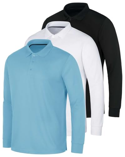 3 Pack Mens Long Sleeve Polo Shirts Dry Fit Golf Work Casual Collared Tops - color: Set 9, size: X-Large